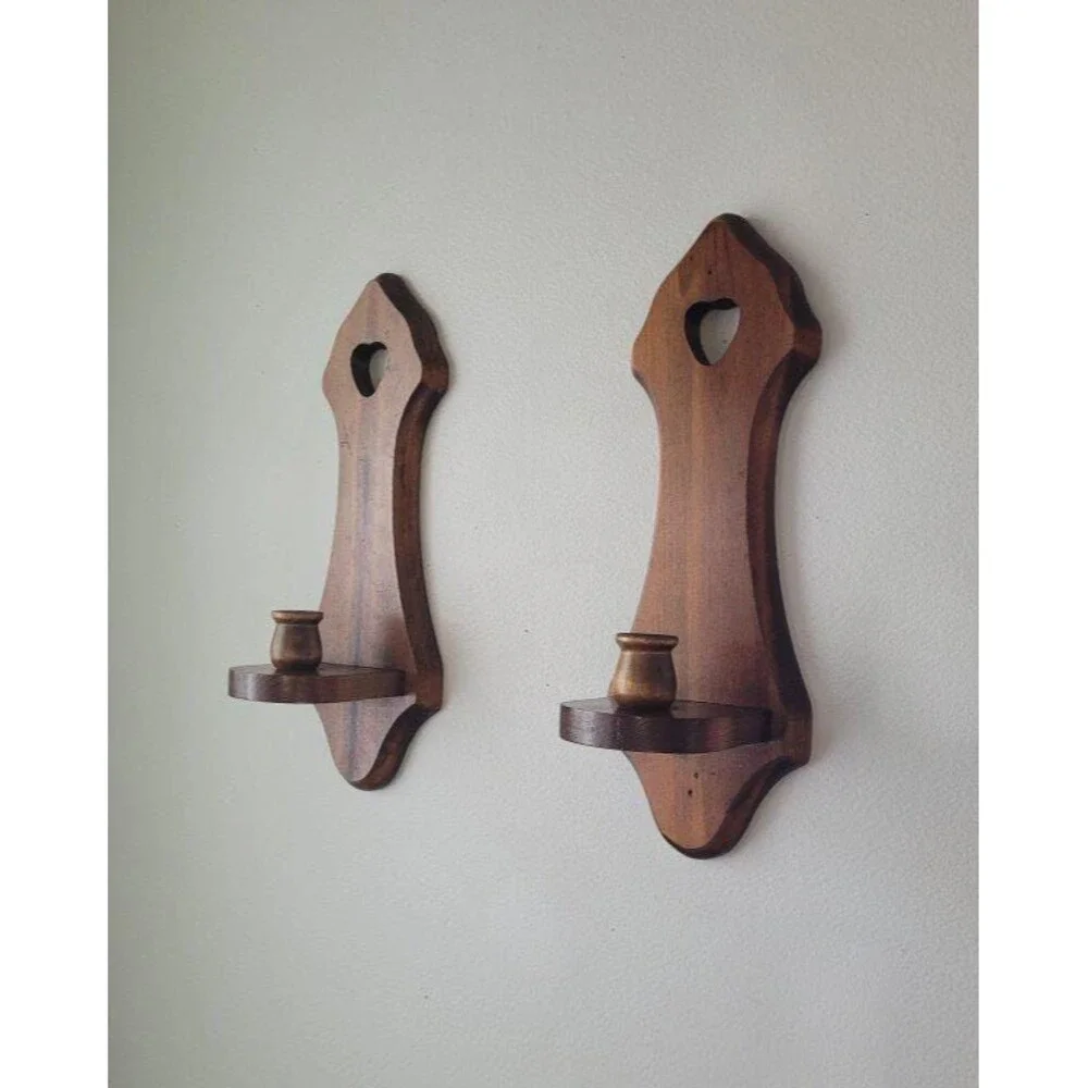 Vintage Heart Wood Wall Candle Sconce Set of 2 1980s